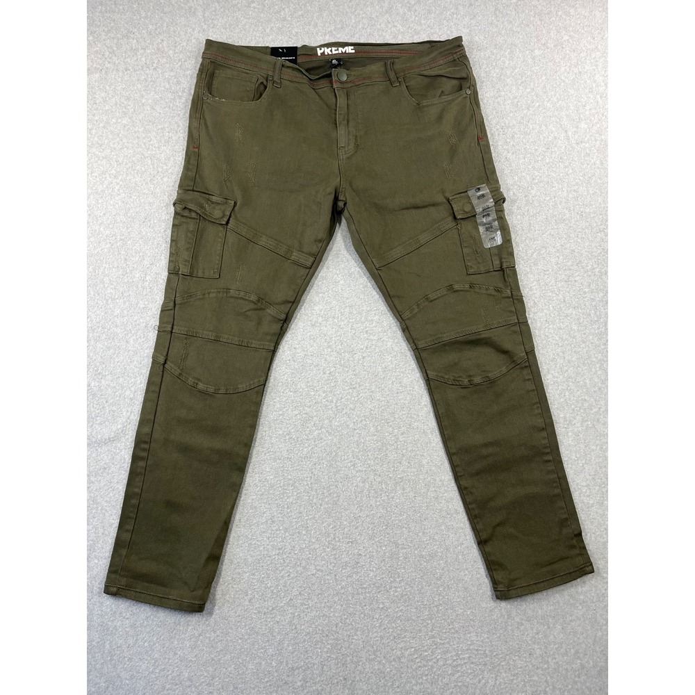 PREME Moto Cargo Jeans Mens 40x34 Military Green Slim Fit Stretch Grunge